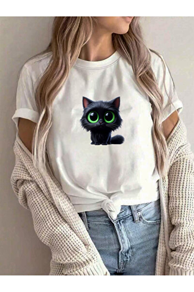 Cosmo Style Unisex Cute Cat Printed Oversize T-Shirt - Crew Neck, Daily Wear,...