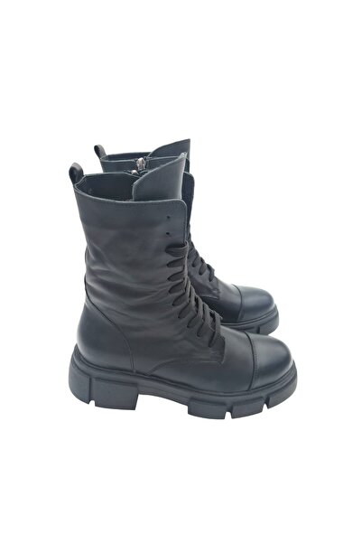 aayak&kabımofficial Hakiki Deri Siyah Bağcıklı ve Fermuarlı Kadın Bot – Kalın...