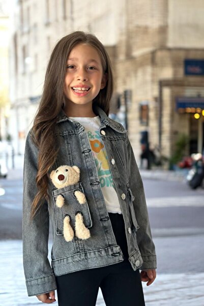 QUB CLUB Girl's Teddy Bear Denim Jacket with Pocket Detail and Button Closure...