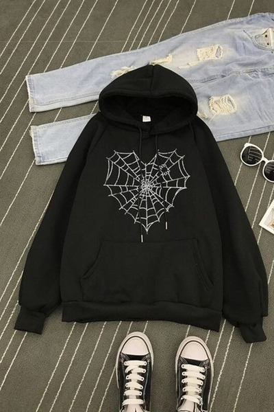 kenoger Gotik Baskılı Unisex oversize/rahat Kesim Basic Kalın/içi Polarlı Kapşonlu Sweatshirt