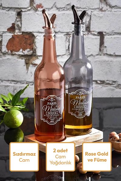 Hayveys 2-Piece Large Size Oil Pot 750 CC Rose Gold and Smoked Leak-Proof Glass Oil Vinegar Sauce Bowl Set