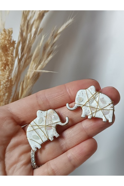 La fee aksesuar Steel Earring Studs - White Elephant Earrings Handmade Custom Design Polymer Clay