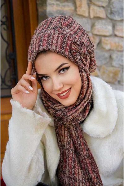 Aişe tesettür Brown Pattern Bow Hijab Beanie