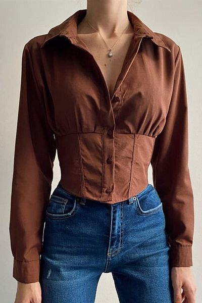 trendalisse Women's Brown Elastic Waist Corset Crop Shirt
