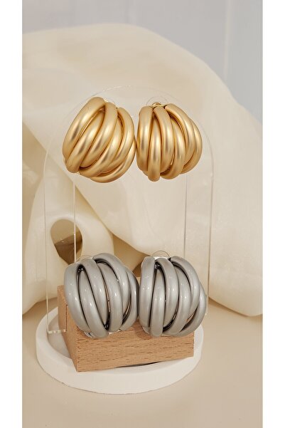 Momos İç İçe Geçmiş Yarım Halka Şık Paslanmaz Çelik Küpe