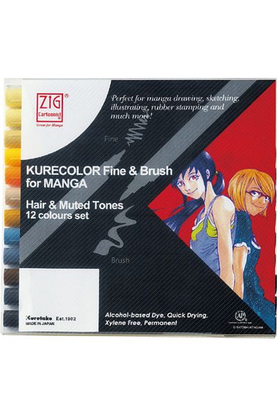 Zig Kurecolor Fine & Brush For Manga Hair & Muted Tones 12 Colors