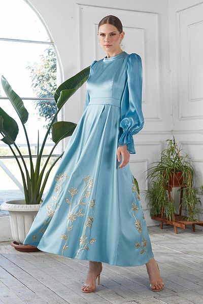 YAFA CLOTHING & ACCESSORIES Turquoise Motif Balloon Sleeve under Skirt Dress