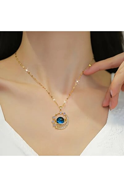 North قلادة من الفولاذ المقاوم للصدأ مصنوعة من الزركون النجمي الأزرق على شكل ...