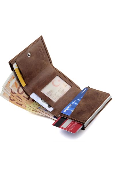 Ancora Leather Естествена кожа Crazy Mechanism Card Holder Автоматичен мъжки портфейл Максимален капацитет Кафяв