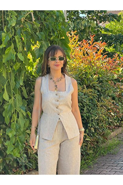 Cardella مجموعة مزدوجة من السراويل ذات الياقة المربعة من الكتان - متوافقة