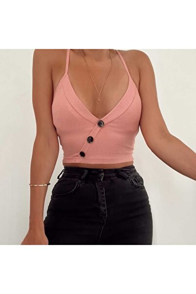 Elbise dünyasi Kaşkorse Kumaş İnce Askılı Pedli Crop