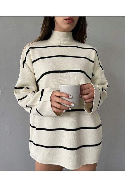 Beybun boutique Oversize Ecru Knitwear Sweater - Striped and Turtleneck
