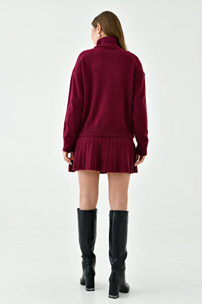 barış sülün lovebox Turtleneck kötöttáru pulóver és mini szoknya Claret Red dupla szett - 9903 túlméret