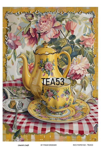 LİNEART Tea,Sarı Çaydanlık,Fincan, Çiçekler Deseni TEA Serisi Pirinc Dekopaj ...
