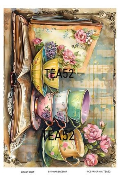 LİNEART Tea,Çaydanlık,Fincan ,Kitap, Çiçekler Deseni TEA Serisi Pirinc Dekopa...