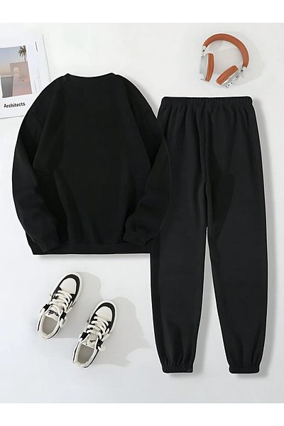 BEETON Μαύρο χοντρό χειμερινό σετ φόρμας - Φούτερ Jogger Oversize, Crew Neck