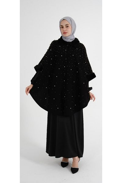 MODA MAÇKA PARK Zircon Stone and Pearl Detailed Knitwear Poncho Abaya - Design 02