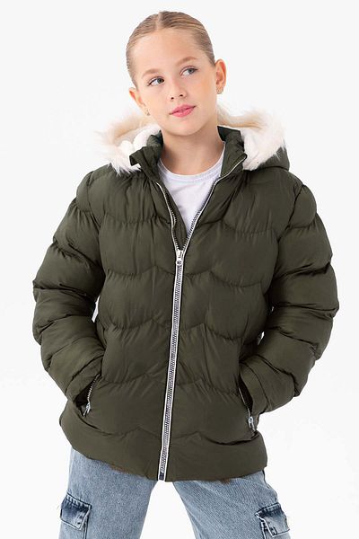 VODENS Girl's Thick Fur Water Repellent Khaki Coat with Fleece Inner