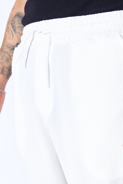 MAN EDITION Comfortable Fit White Knitted Textured Jogger Pants - Elastic Waist Ee 1000619928