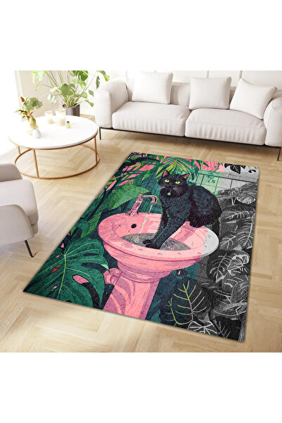 Rugs Modern Halı Lina Koleksiyonu Pembe Çeşmede Siyah Kedi Desenli Dokuma Tab...
