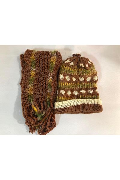 Hasyılmaz Women's Knitted Scarf Beanie Set Brown