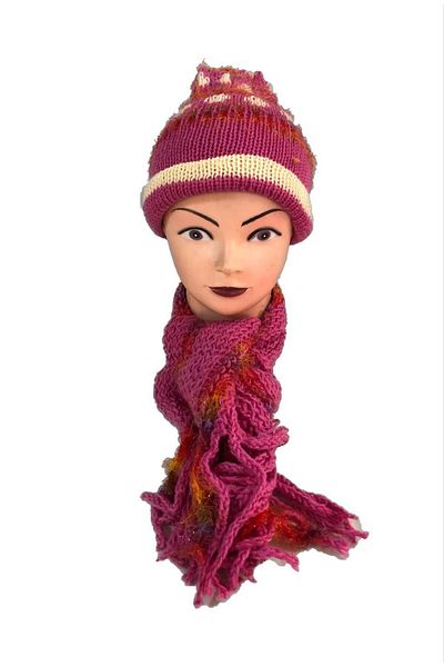 Hasyılmaz Women's Knitted Scarf Beanie Set Pink