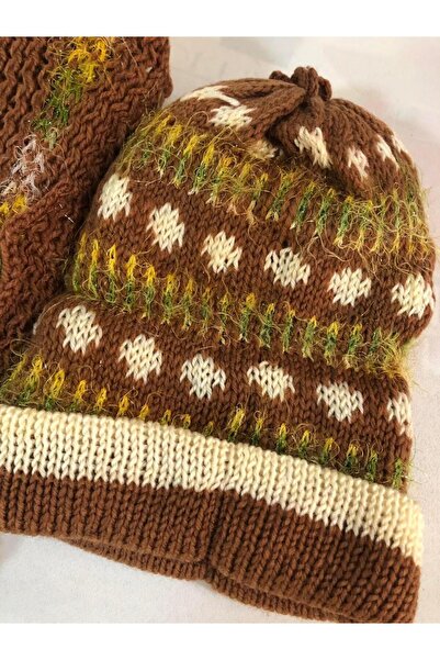 Hasyılmaz Women's Knitted Scarf Beanie Set Brown