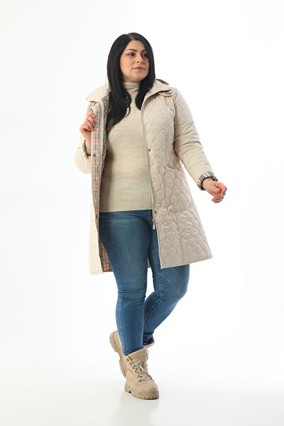 TUTveAL Collection Quilted Seasonal - Water Repellent Plaid Coat, Large Size Cream Coat