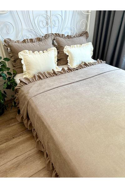 Decamor home Cuvertură de pat mare cu volane, cafea cu lapte, cuvertură de pat dublă King Size