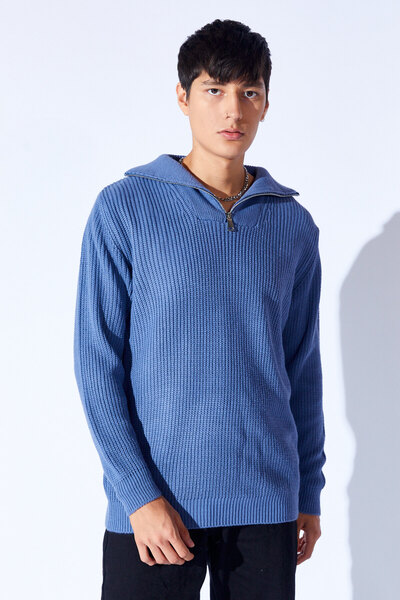 Manche سترة رجالية كبيرة الحجم بنصف سحاب محبوكة بنمط ناعم |   النيلي MANW 519...