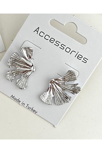 mos&more Silver Half Leaf Medium Size Plate Women's Earrings