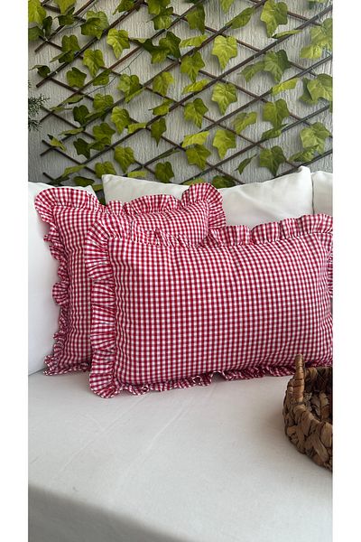 Decamor home Cotton Linen Red Mini Gingham Ruffle Throw Pillow Cover 1 Pc