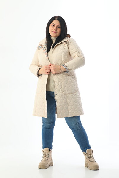 TUTveAL Collection Quilted Seasonal - Water Repellent Plaid Coat, Large Size Cream Coat