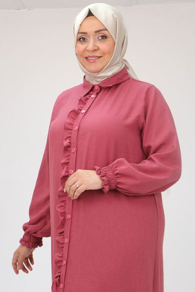 eslamood 46009 Plus Size Flounce and Ruffle Linen Ferace Dress - Rose