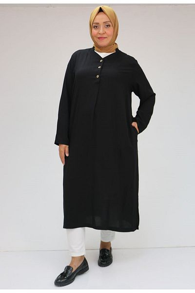 Eslina 48056 Large Size Black Viscose Tunic - Stitched Pocket
