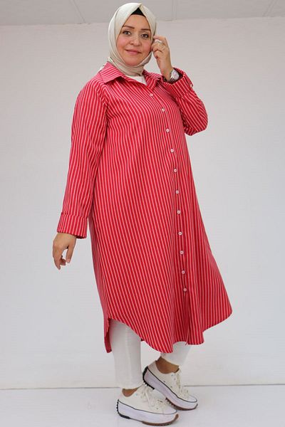 Eslina 48069 Plus Size Red Striped Shirt - Button Detail
