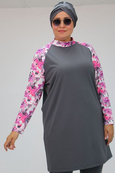 Eslina 1734 Large Size Reglan Sleeve Hijab Swimsuit - Pink/Grey