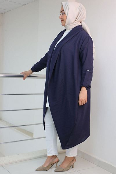 eslamood 43003 Plus Size - Linen Airobin Draping Thick Placket Jacket Navy Blue