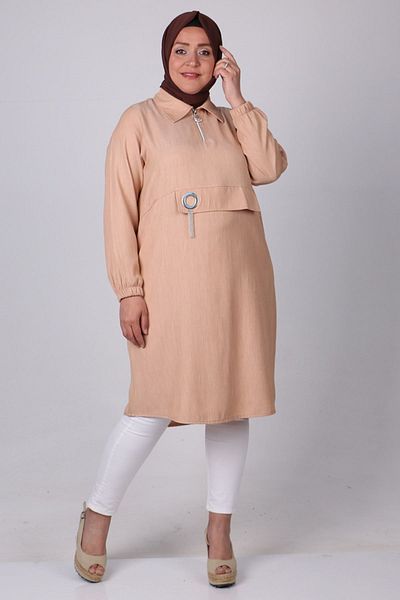 Eslina 38072 قميص ليوسيل مقاس كبير بتفاصيل عين الطير - بيج