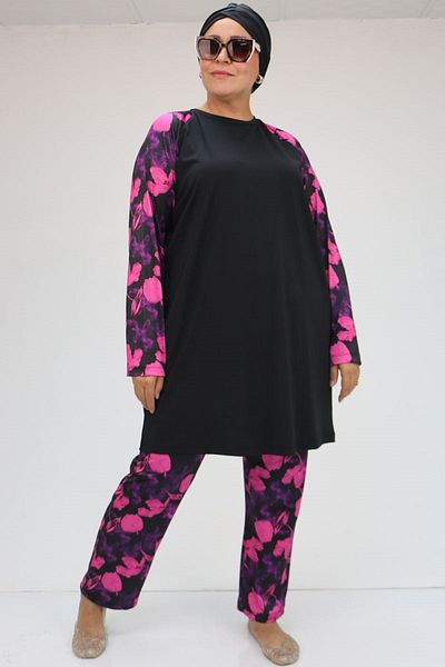 Eslina 1729 Model Fuchsia Floral Patterned Large Size Long Sleeve Hijab Swimsuit Set