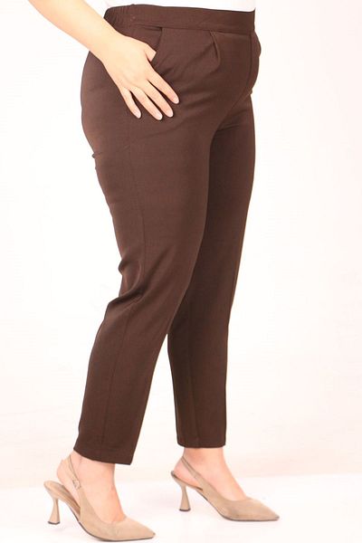 Eslina 49004 Brown Aspen Trousers - Plus Size, Rubber Waist and Pleat Detail