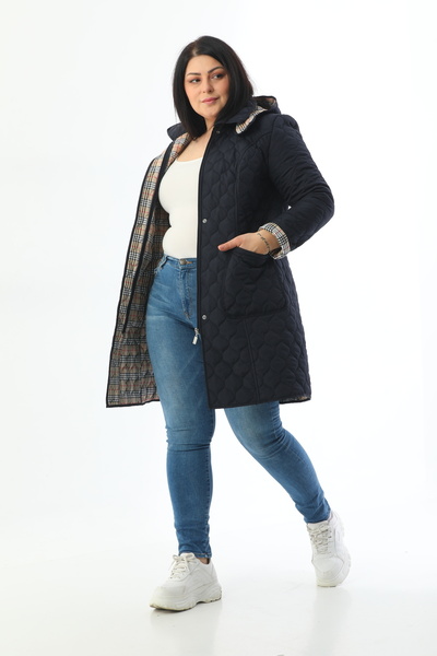 TUTveAL Collection Navy Blue Large Size Seasonal Quilted Coat - Water Repellent, Plaid
