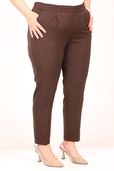 Eslina 49004 Brown Aspen Trousers - Plus Size, Rubber Waist and Pleat Detail