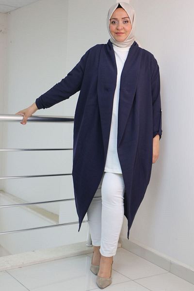 eslamood 43003 Plus Size - Linen Airobin Draping Thick Placket Jacket Navy Blue