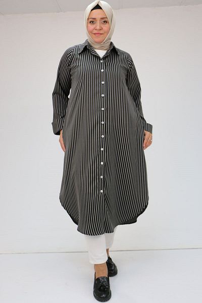 Eslina 48069 قميص أسود مخطط مقاس كبير - تفاصيل الأزرار