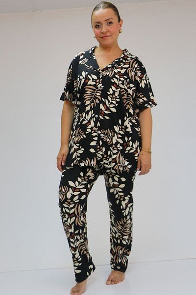 Eslina 37801 Viscose Pajama Set - Plus Size, Buttoned and Leaf Black-mink