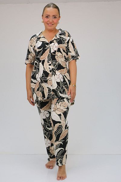 Eslina 37801 Viscose Pajama Set - Plus Size, Black-beige with Buttons and Leaves