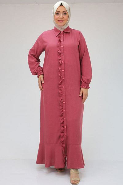 eslamood 46009 Plus Size Flounce and Ruffle Linen Ferace Dress - Rose