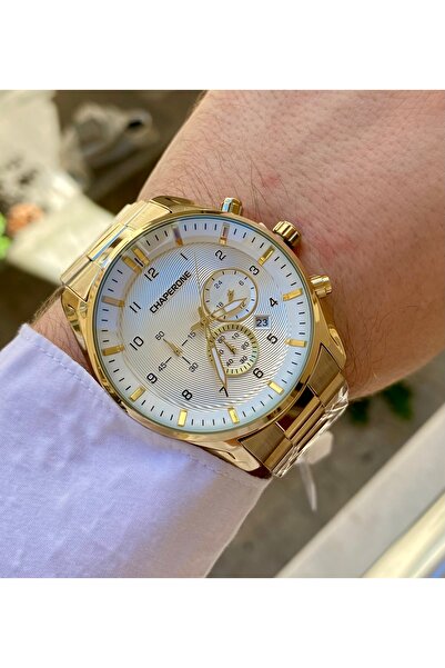Chaperone marka  altın rengi su geçirmez çelik erkek kol saati +bileklik hediye