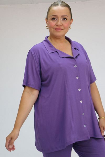 Eslina 37801 Plus Size Viscose Pajama Set - Buttoned and Assorted - Lilac